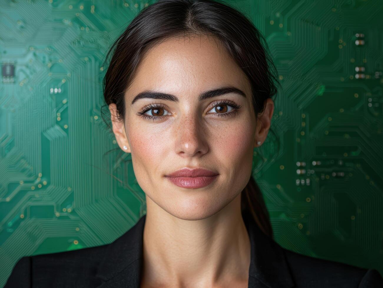 Confident businesswoman in front of circuit board background photo