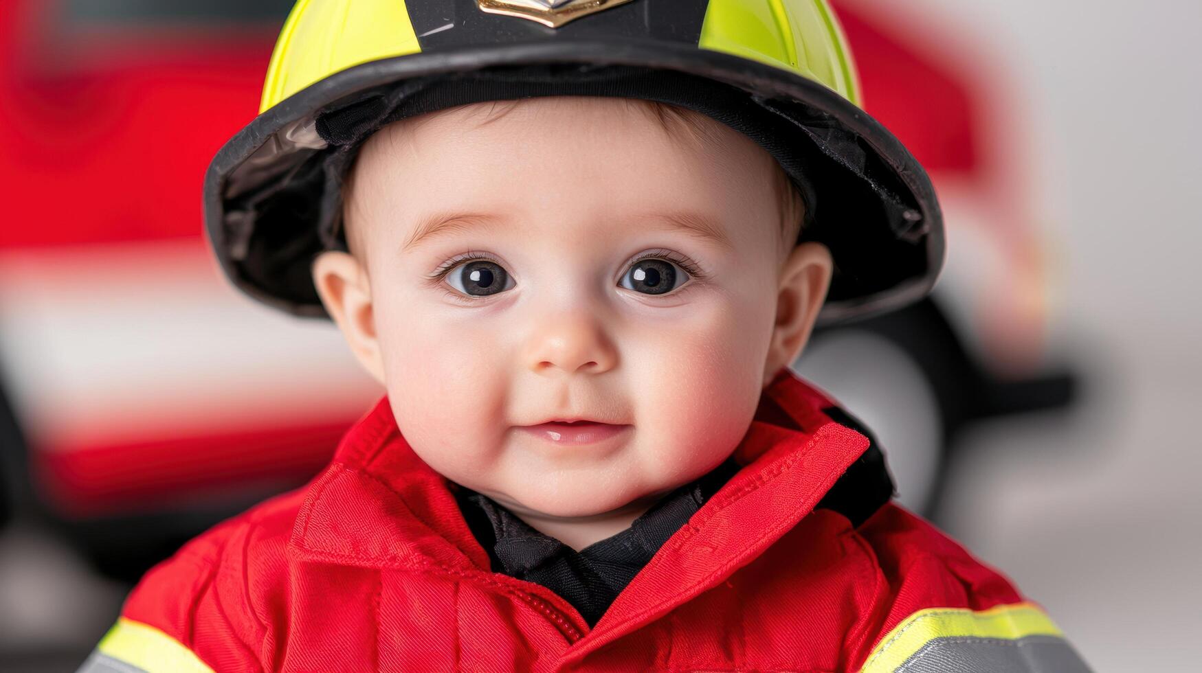 Adorable baby firefighter in uniform photo