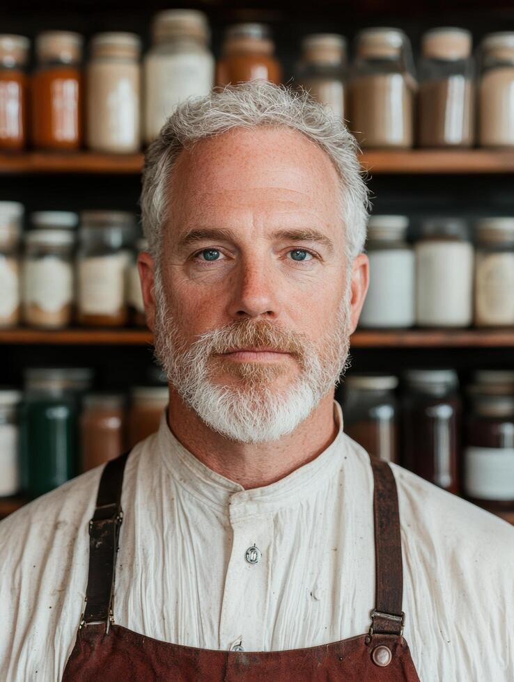 Mature man with gray beard and suspenders in front of shelves photo