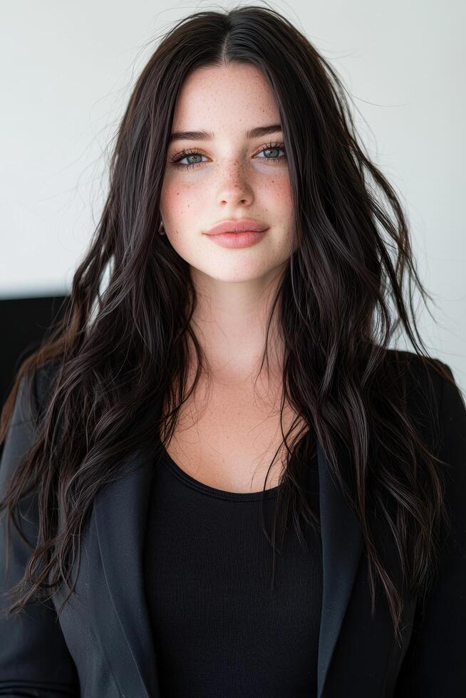 Alluring woman with dark hair and piercing eyes photo