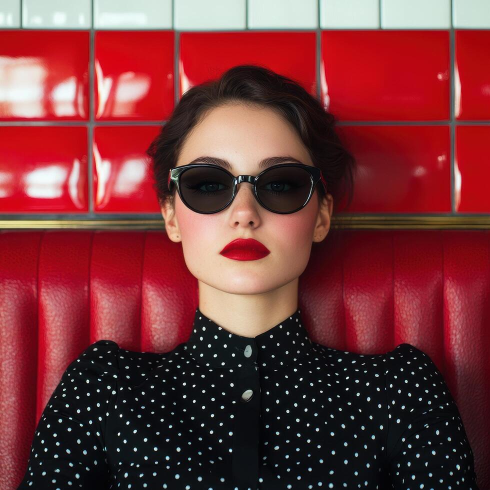 woman in polka dot dress and sunglasses against red background photo