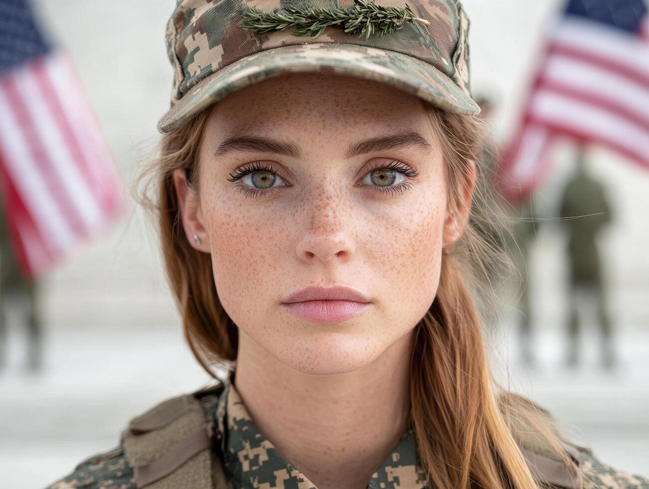 Soldier with wreath on camouflage hat photo