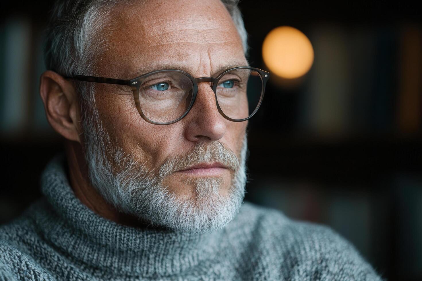 Thoughtful senior man with beard and glasses photo