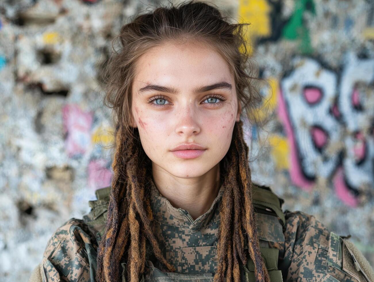 young woman in military uniform with dreadlocks photo