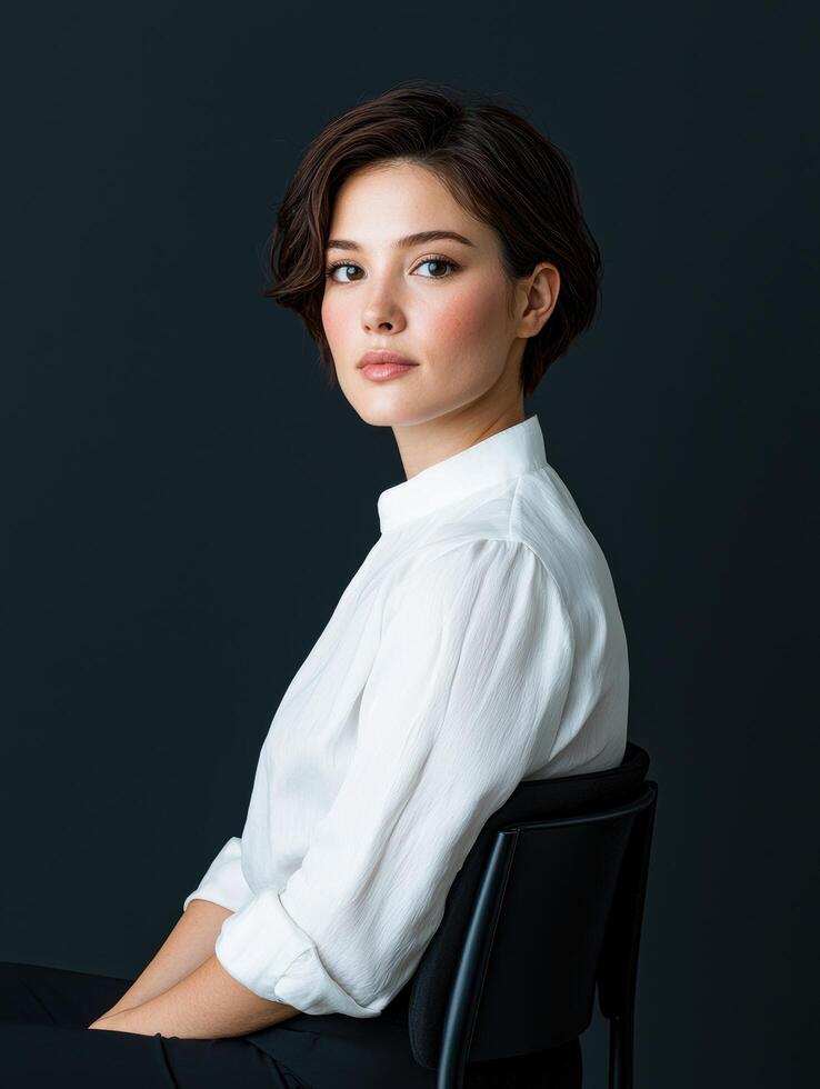 Elegant woman in white blouse posing on dark background photo