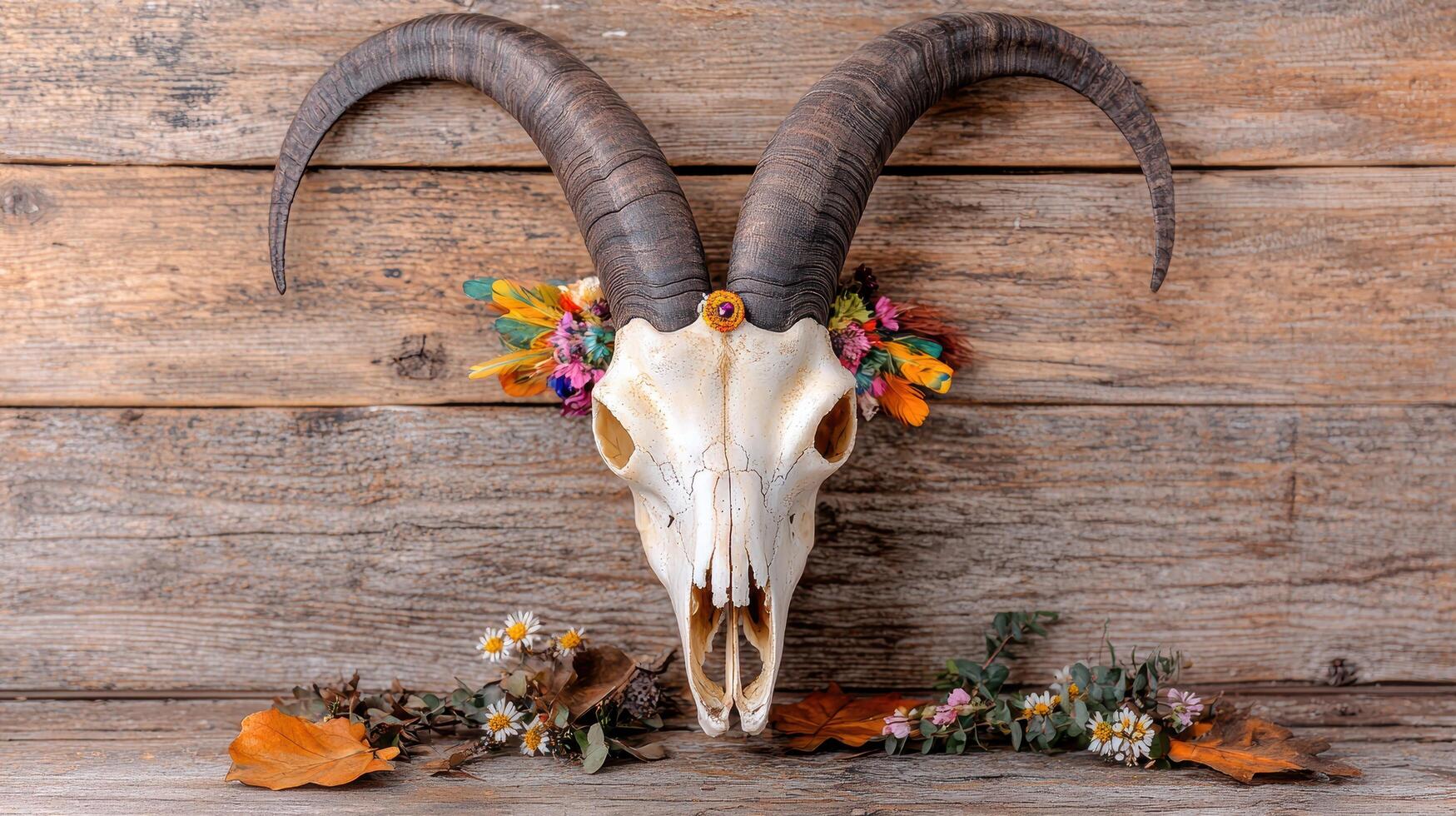 Decorative animal skull with floral arrangement photo