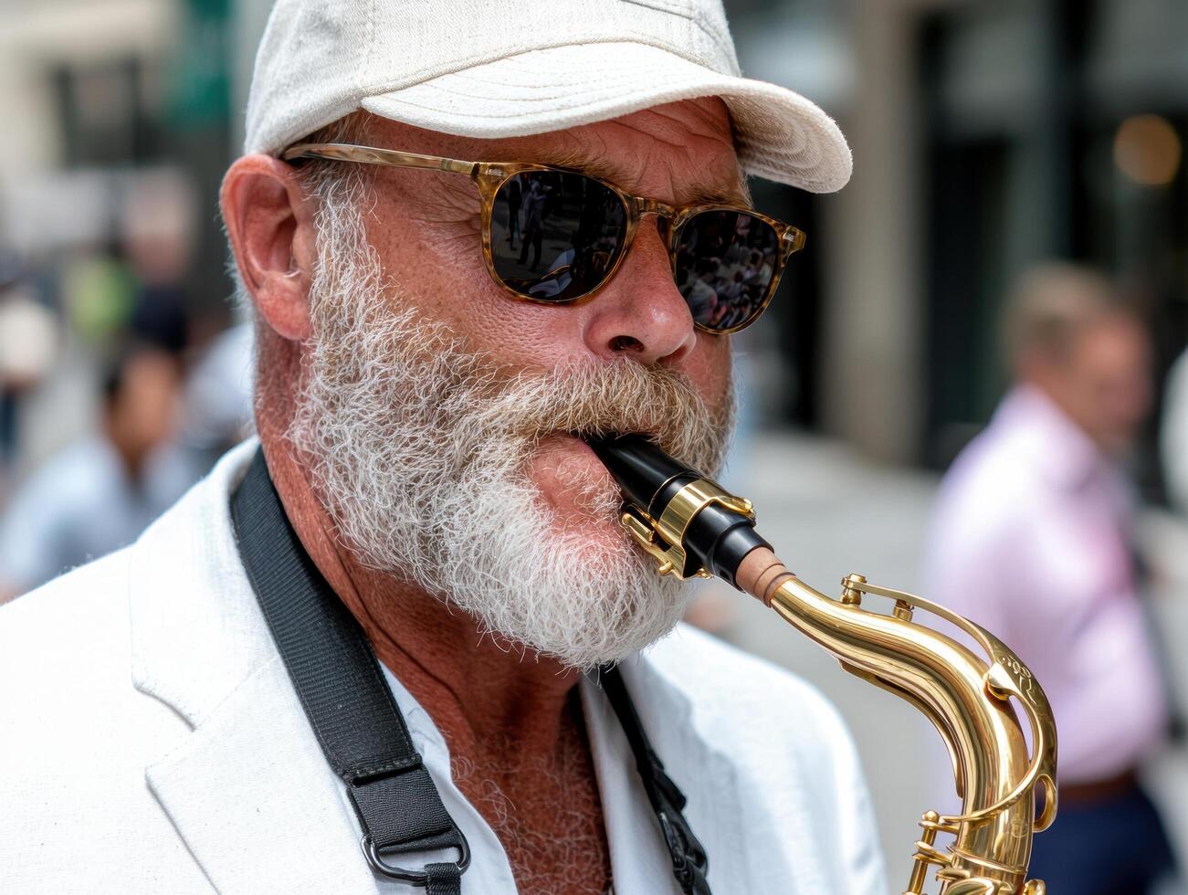 senior man playing saxophone in city photo