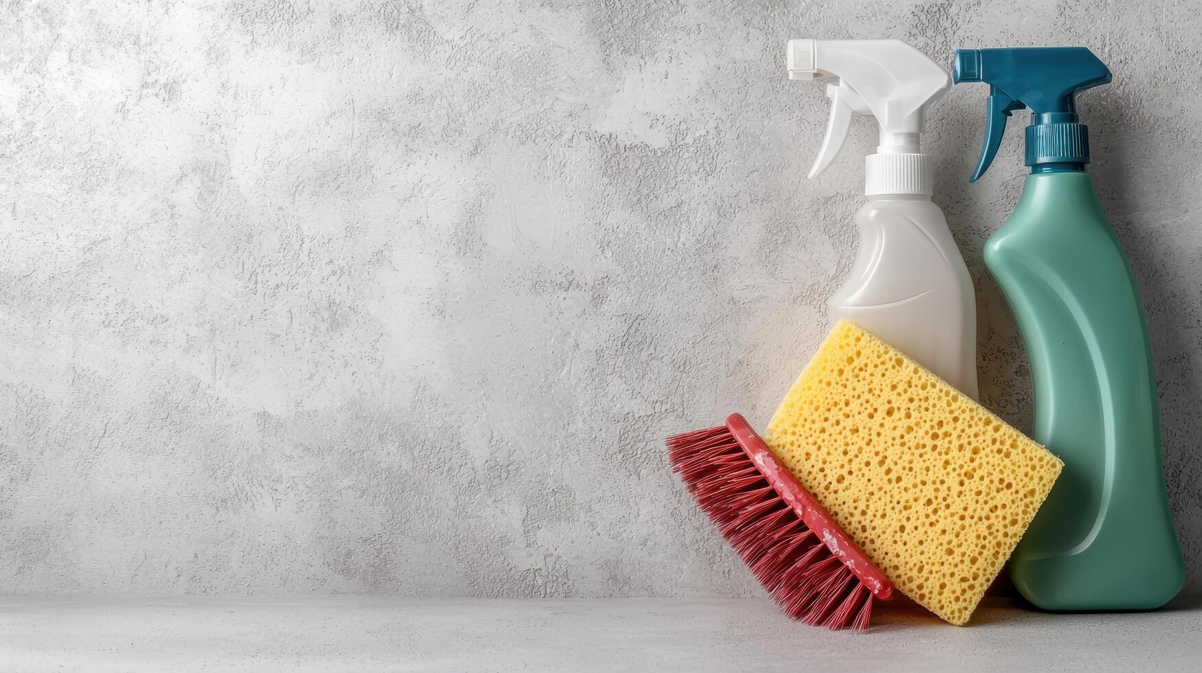 Cleaning supplies and tools on concrete background photo