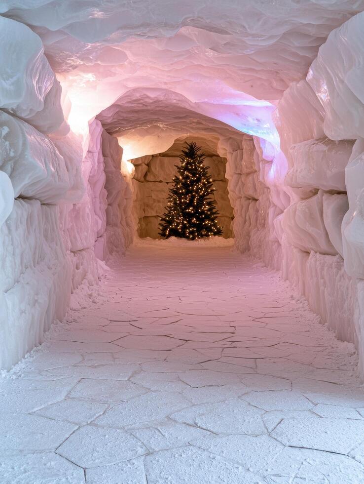 Enchanting winter wonderland with illuminated christmas tree photo