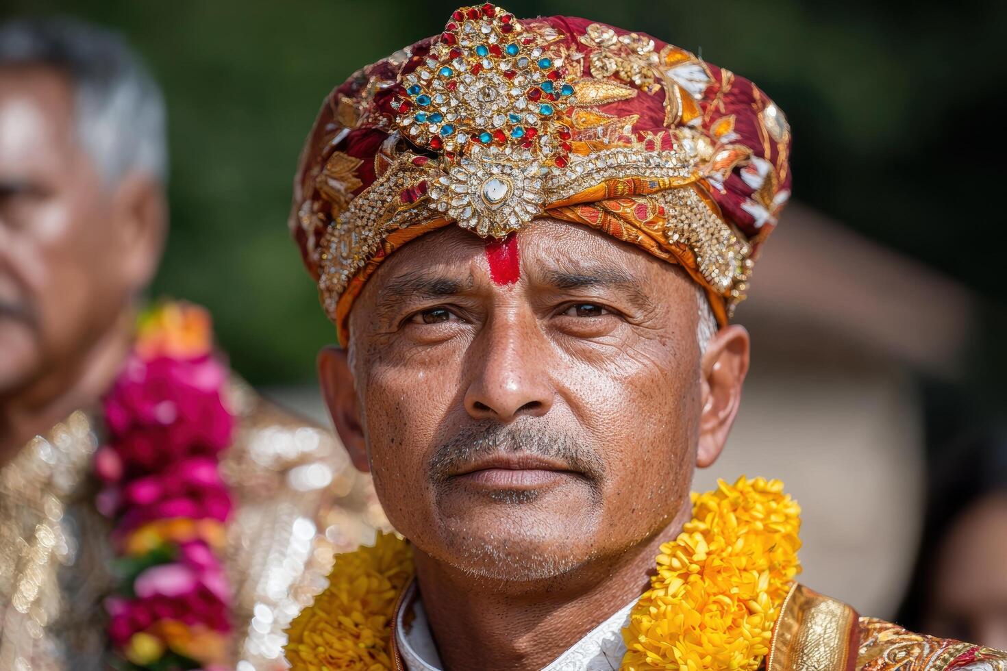 Ornate traditional headpiece worn by elderly man photo