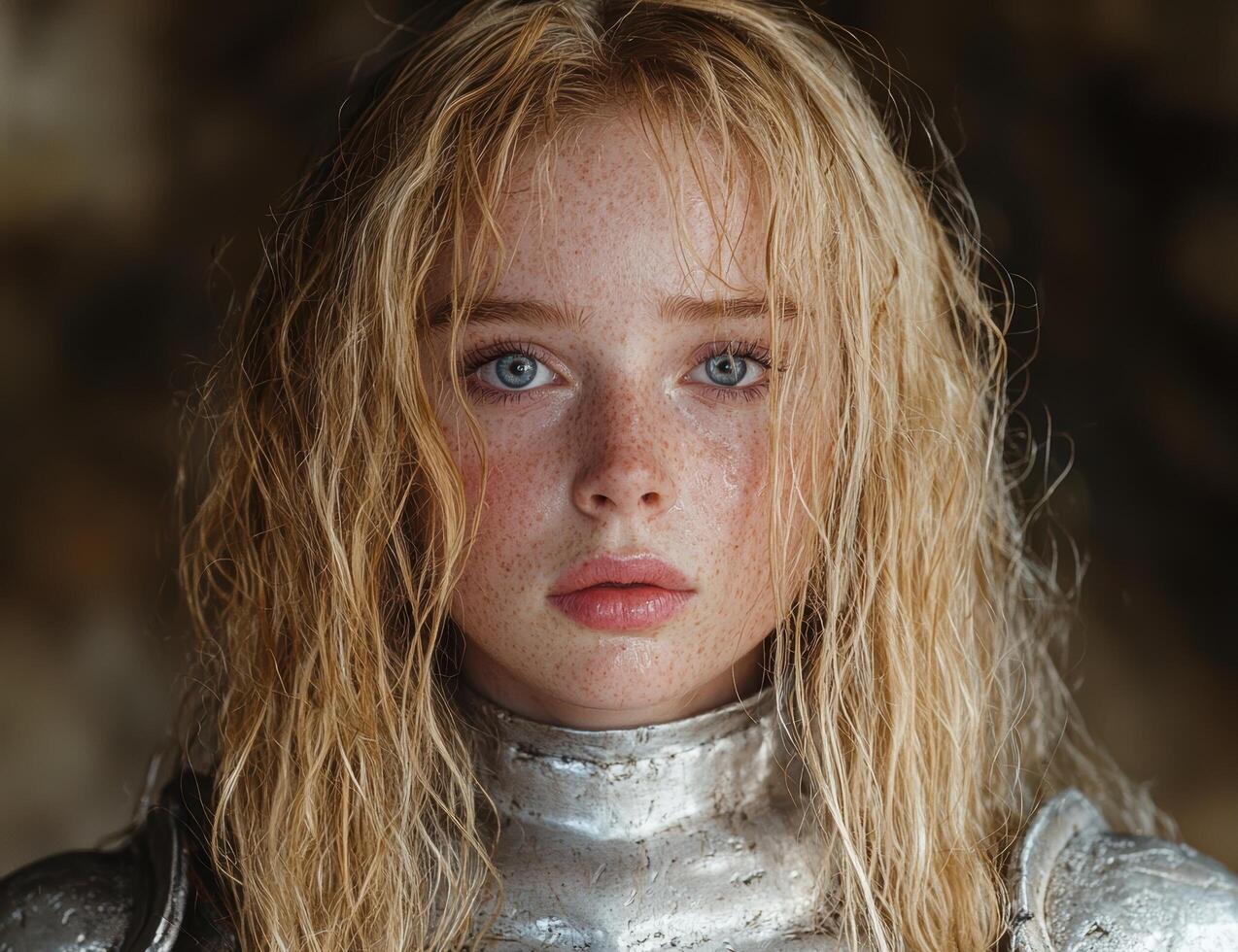 Pensive young woman with freckles and blonde hair photo