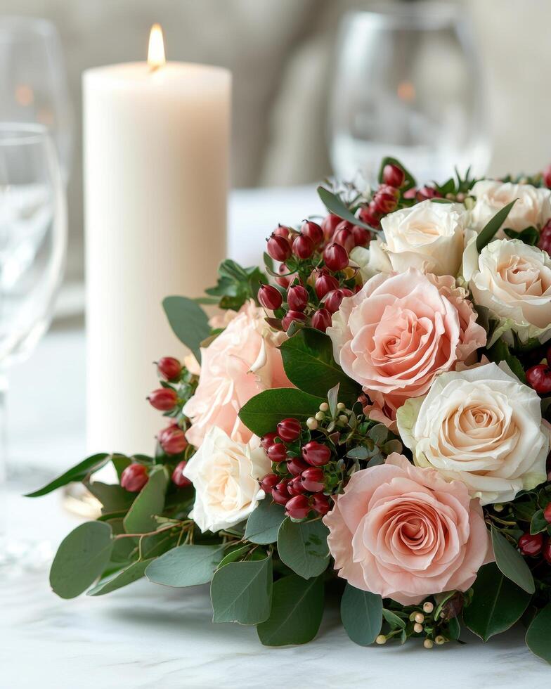 beautiful floral arrangement with roses and berries photo