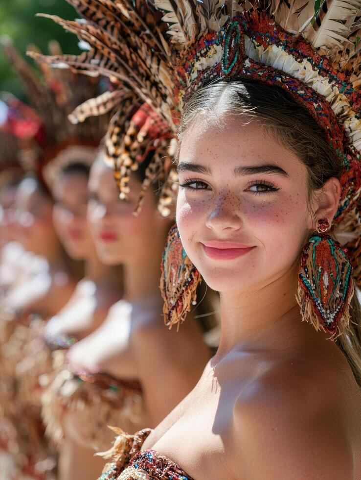 smiling woman in colorful tribal headdress photo