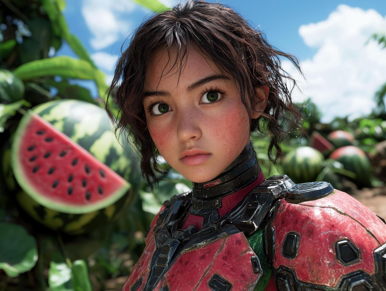 futuristic girl with watermelon in nature photo