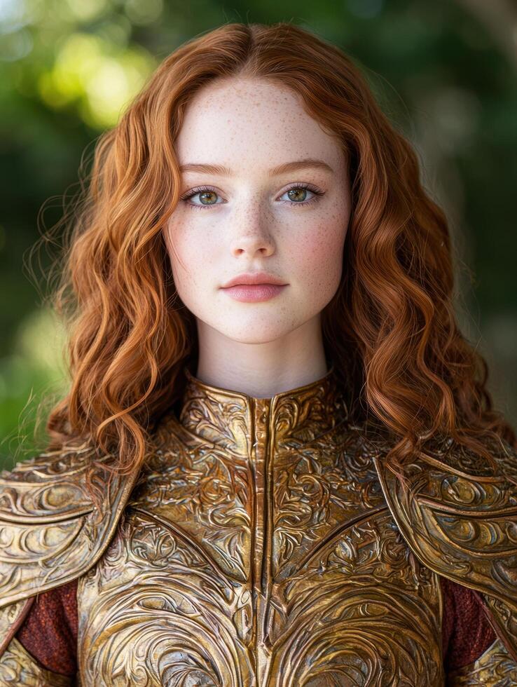 Enchanting redhead in ornate golden armor photo