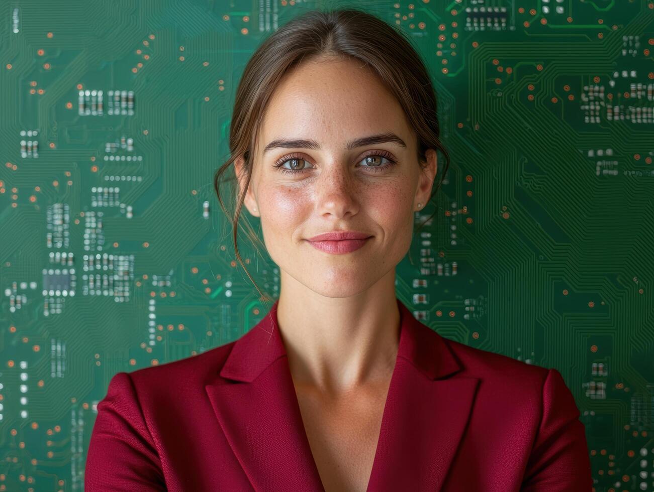 Confident businesswoman in red jacket standing in front of circuit board background photo