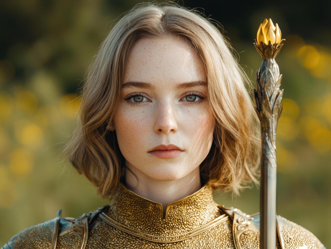 Warrior woman with golden armor and bow photo