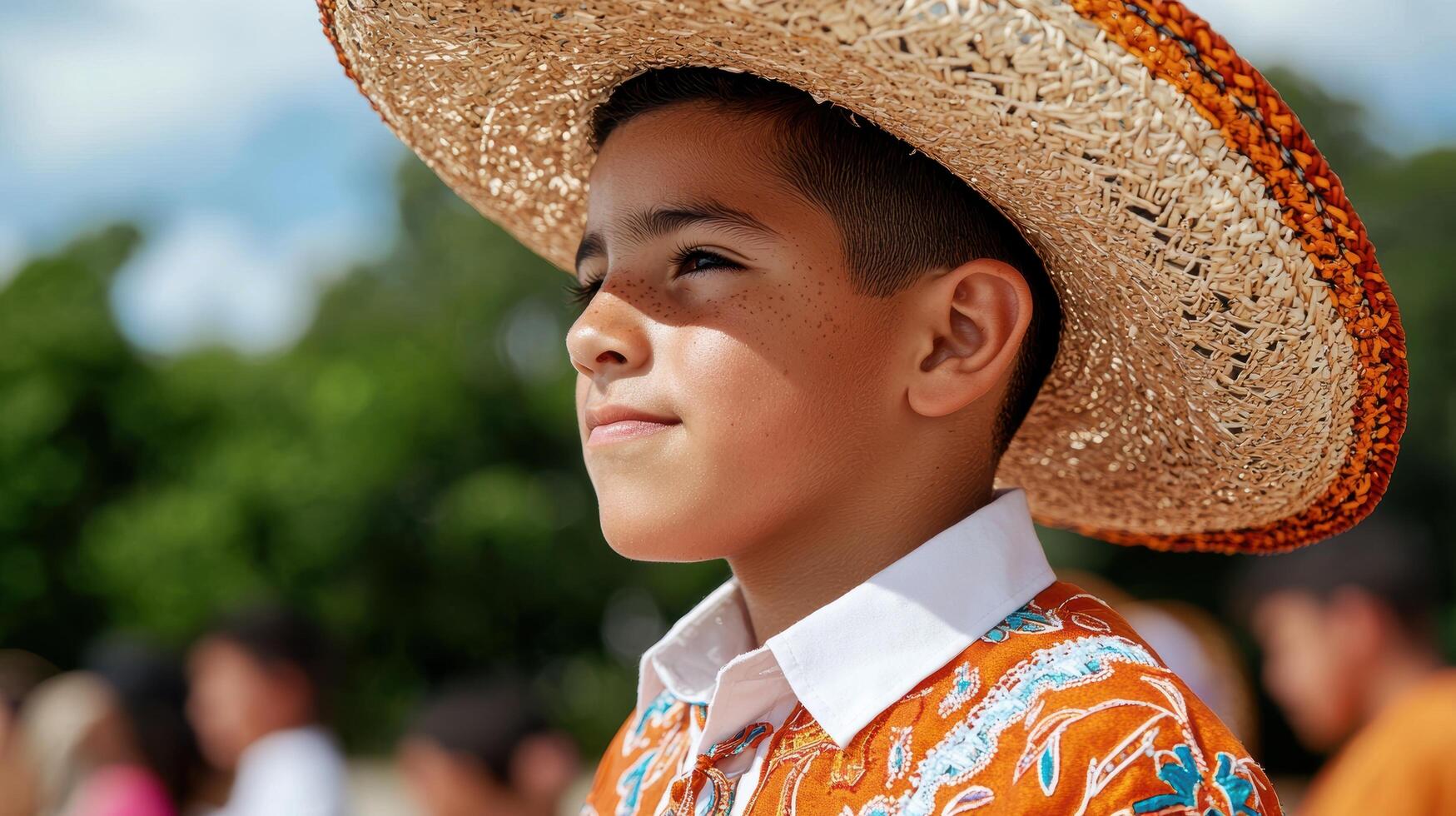 young boy wearing traditional mexican clothing and sombrero photo