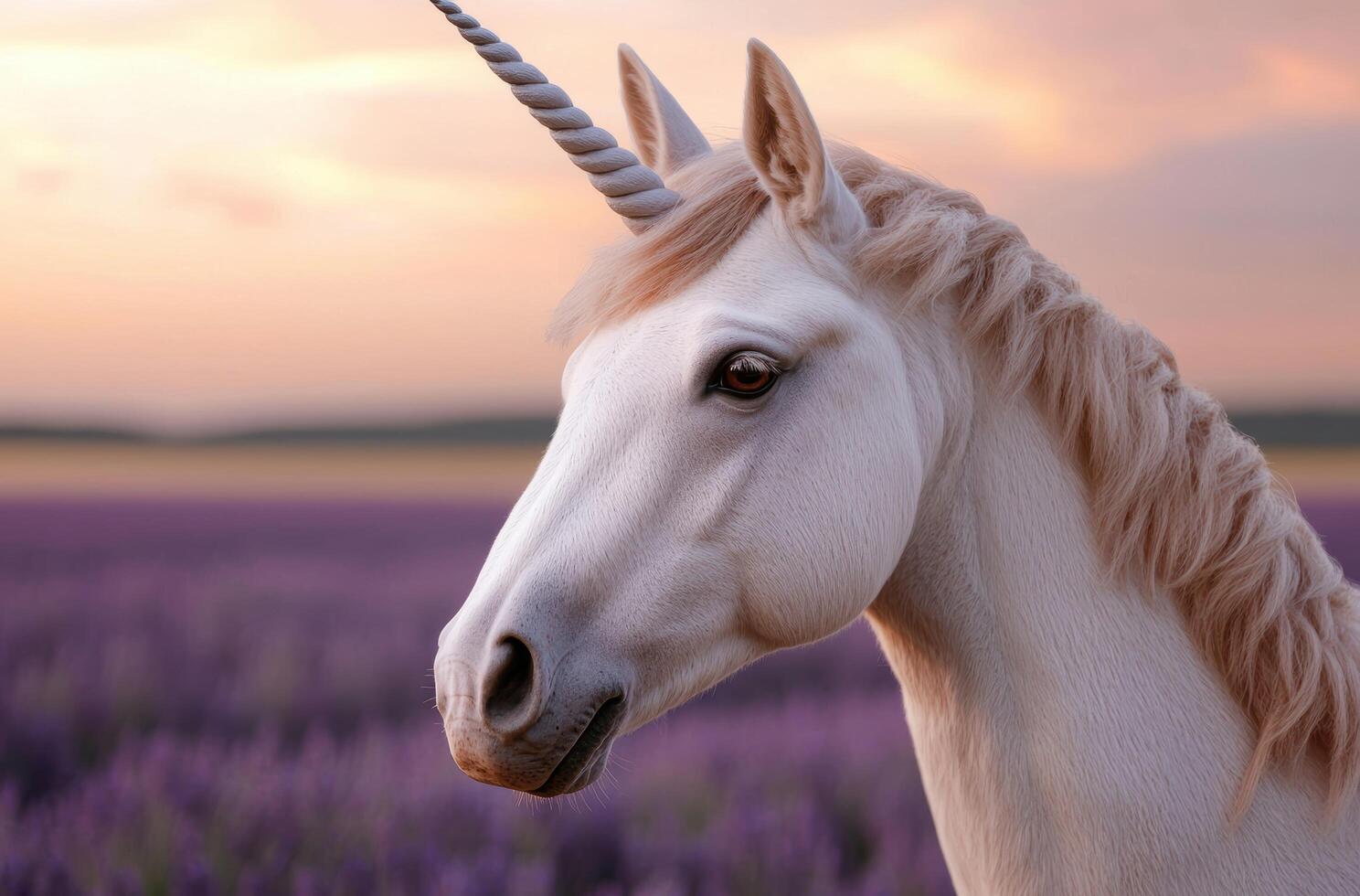 Majestic white unicorn in lavender field at sunset photo