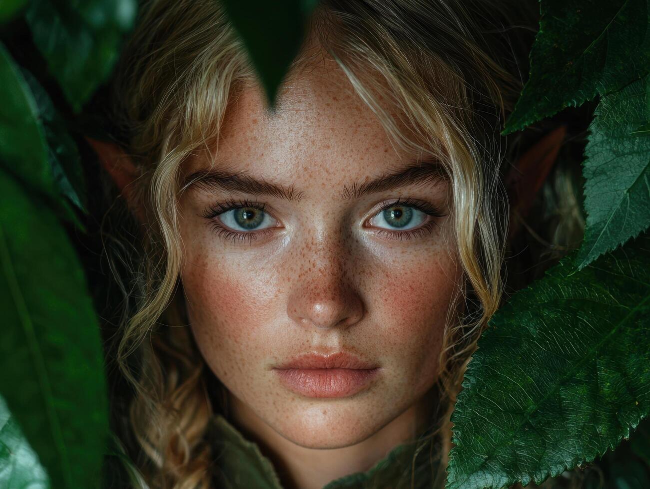 Captivating portrait of a young woman with freckles and green eyes photo