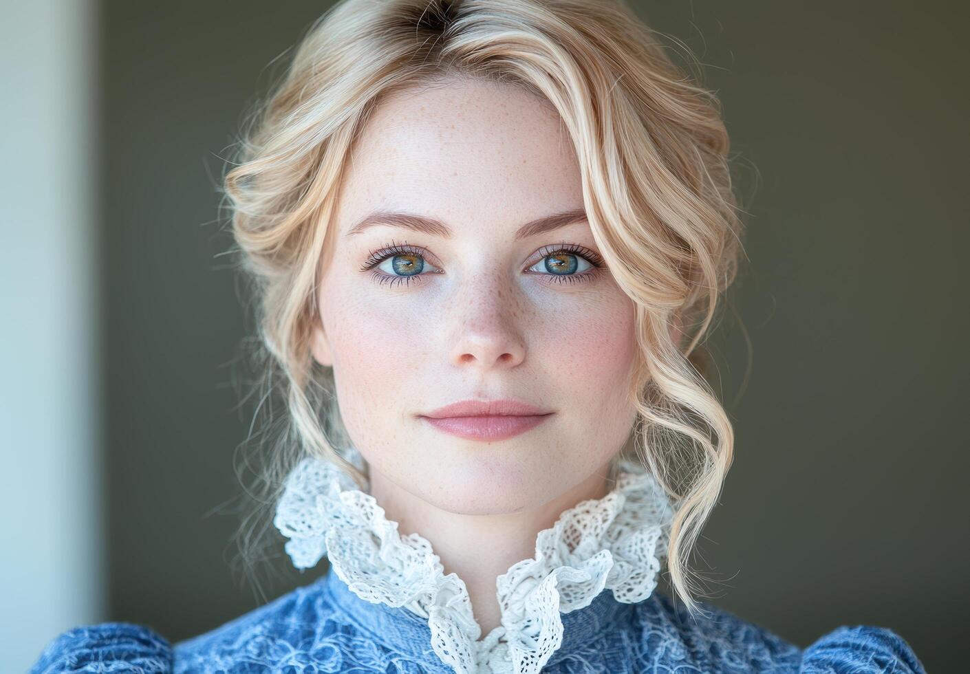 Closeup portrait of a beautiful young woman with blonde wavy hair photo