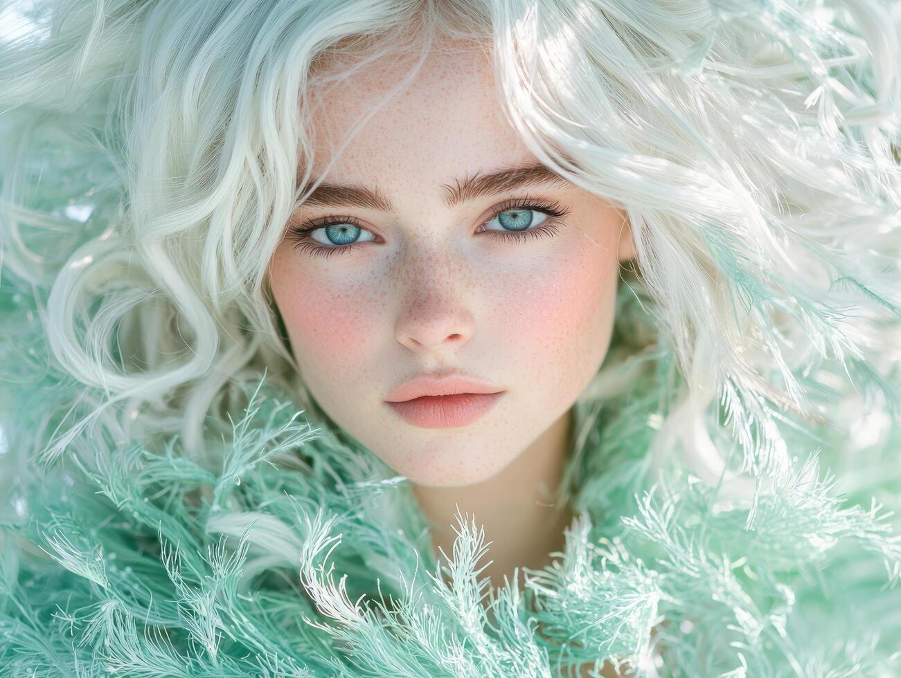 Ethereal beauty surrounded by soft feathers photo