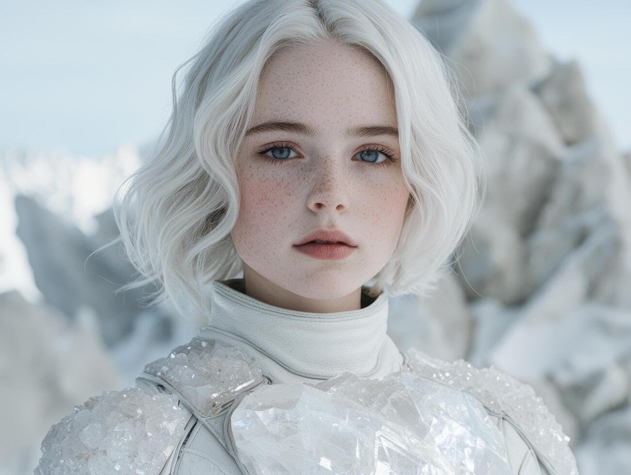 portrait of a young woman with platinum blonde hair and blue eyes in a snowy winter landscape photo