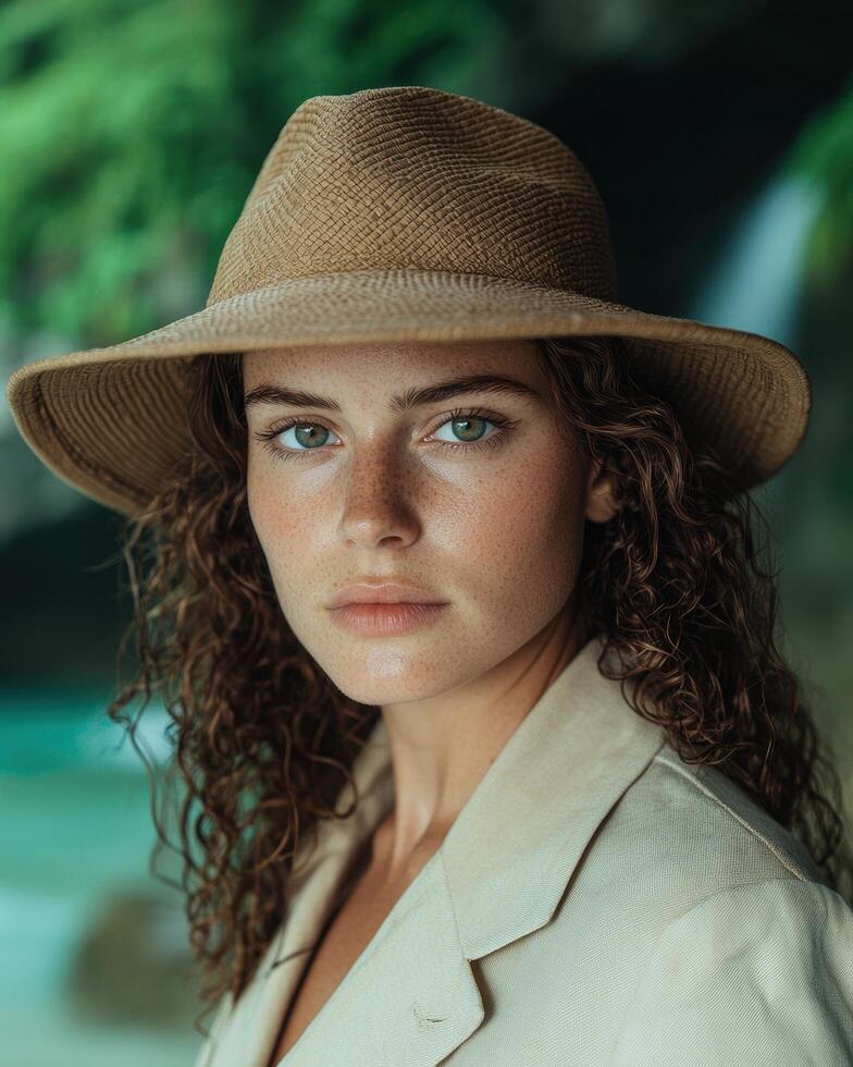 Thoughtful woman in sun hat photo