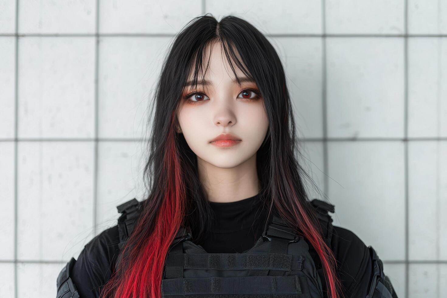 young asian woman with dark hair and red highlights photo