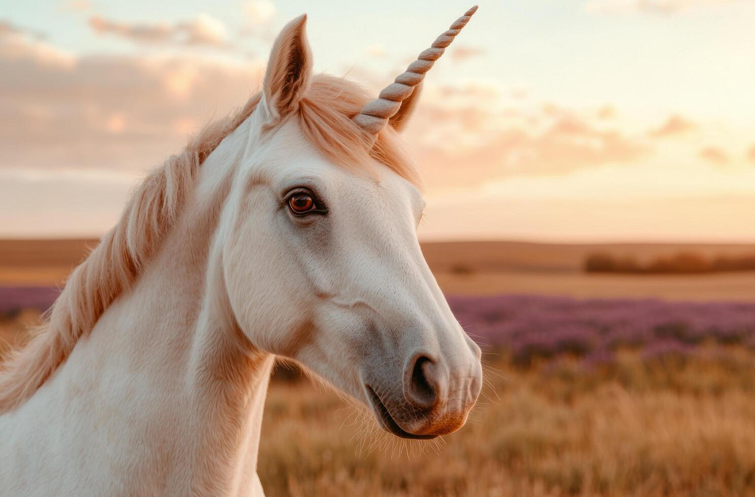 Majestic white unicorn in a field at sunset photo