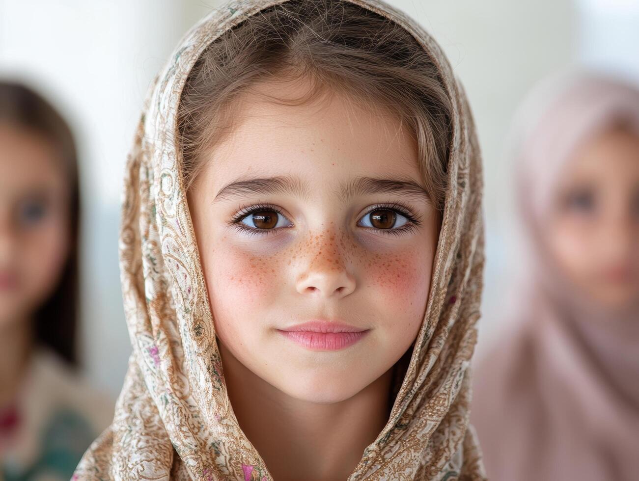 young girl with headscarf looking at camera photo