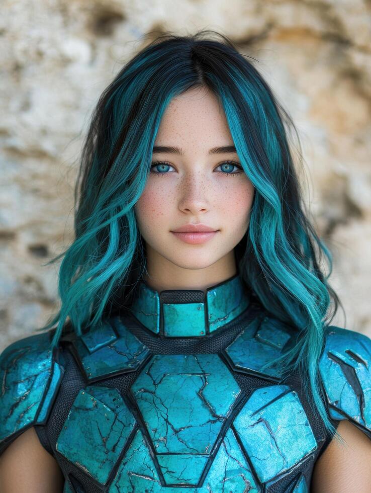 portrait of a young woman with vibrant blue hair photo