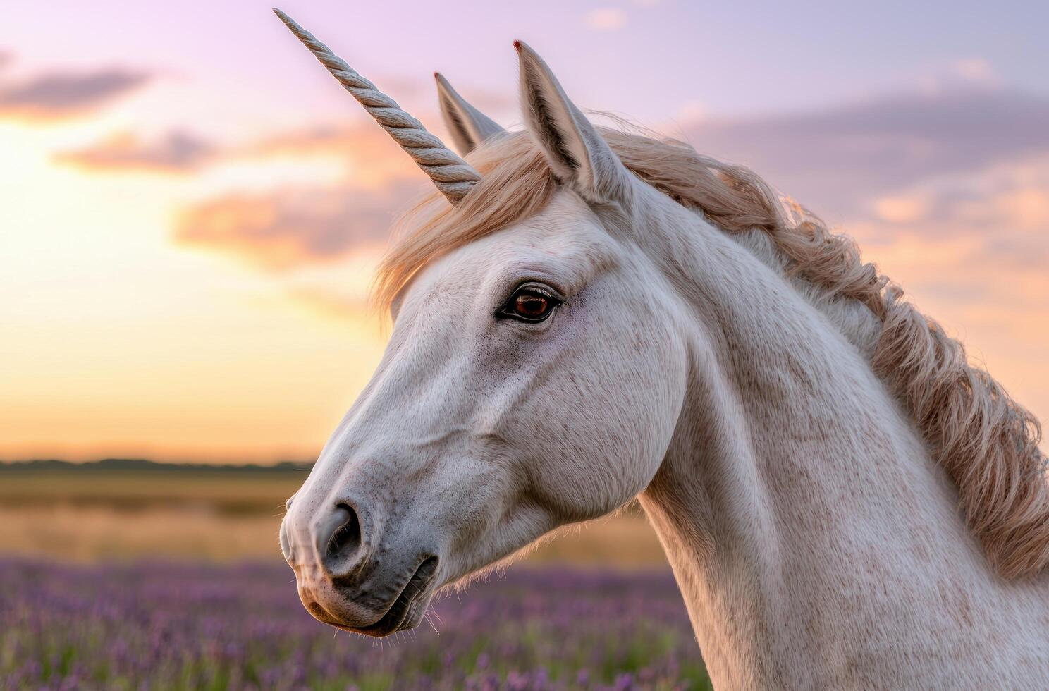 Majestic white unicorn in a lavender field at sunset photo