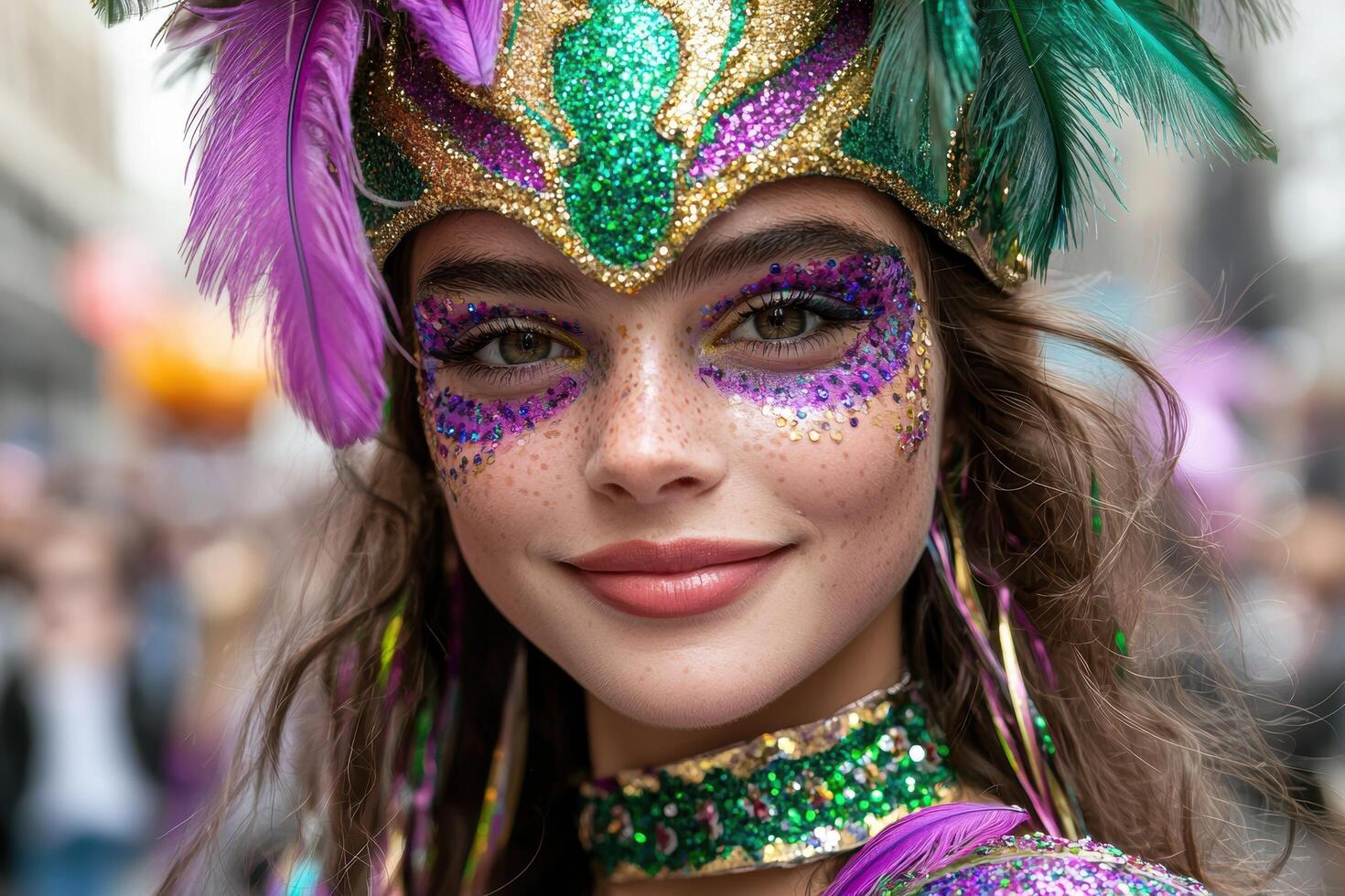 Vibrant carnival costume with glitter and feathers photo