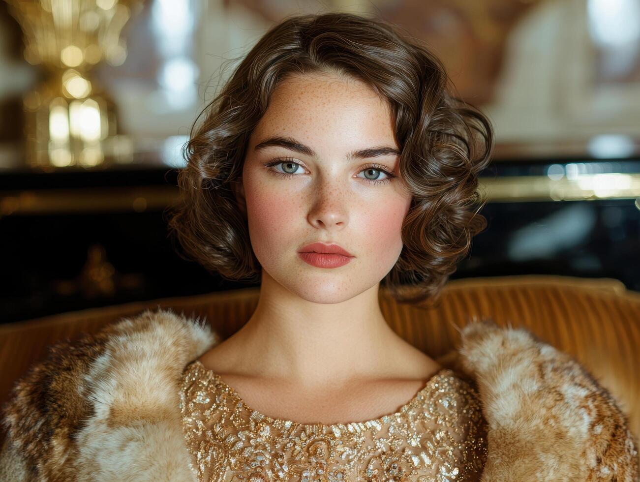 Elegant woman in fur coat and sequin dress photo