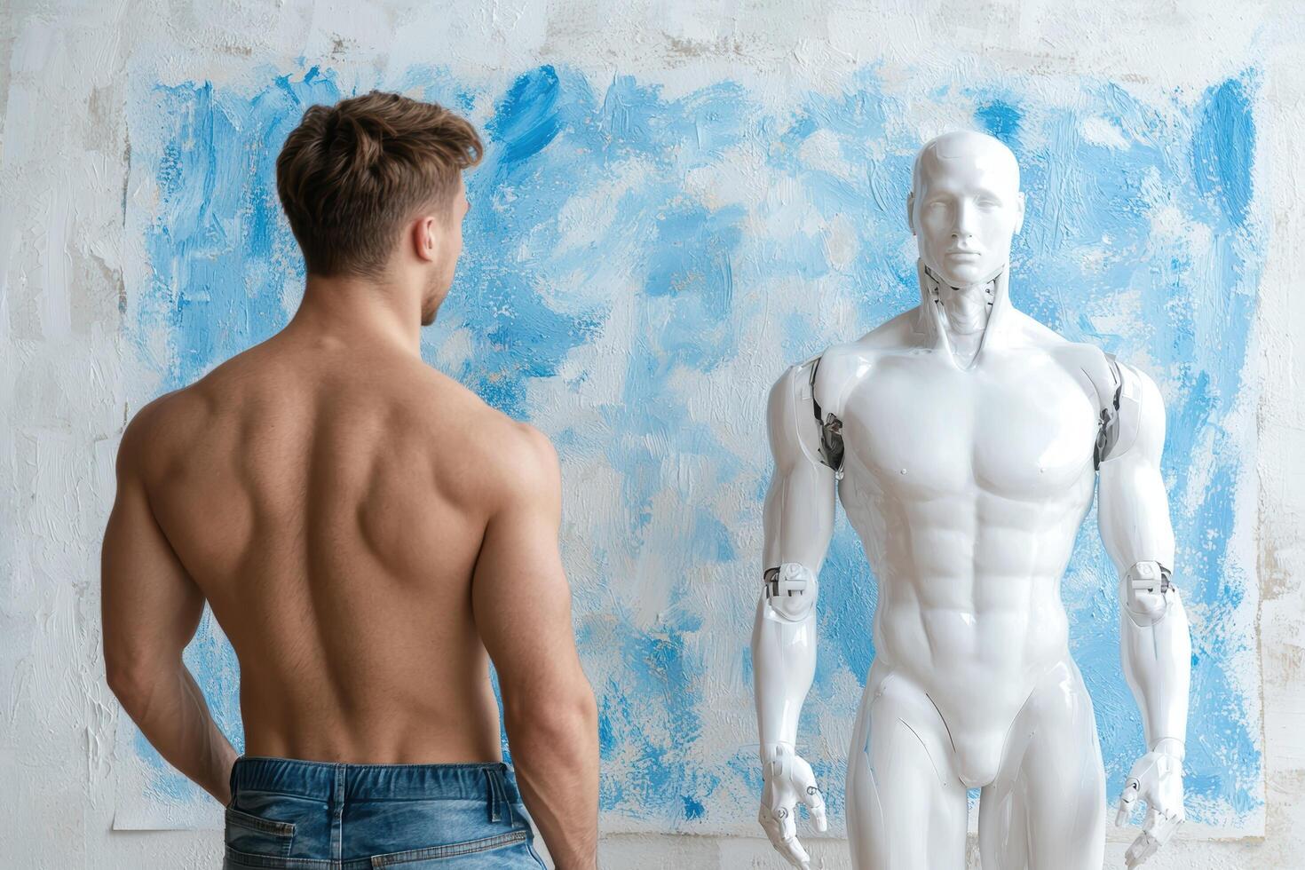 muscular man standing in front of abstract painting photo