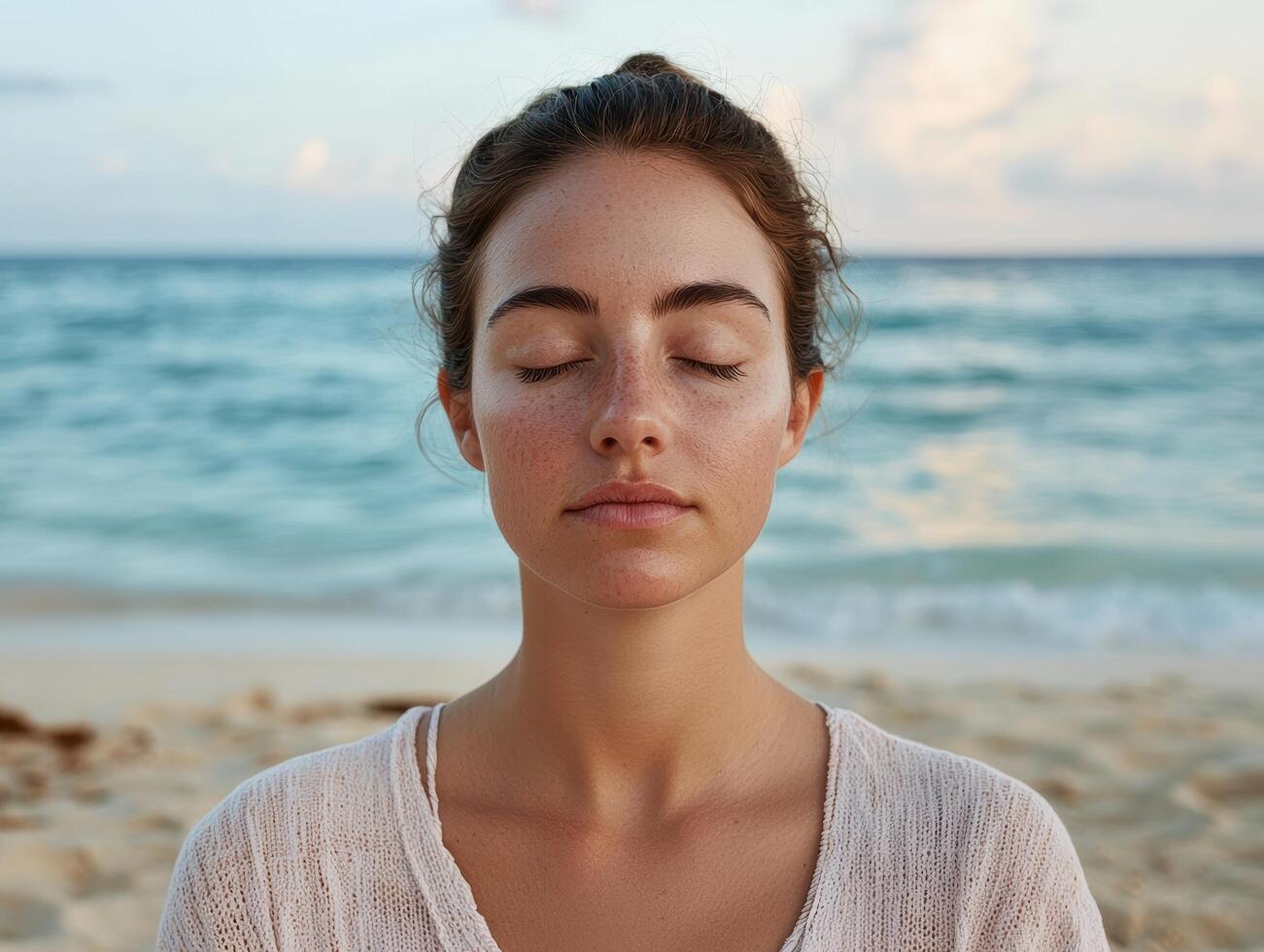 woman with eyes closed enjoying peaceful moment by the ocean photo