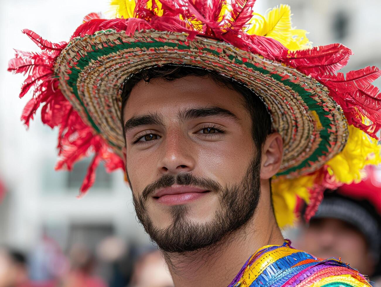 Vibrant Feathered Headpiece on Smiling Man photo