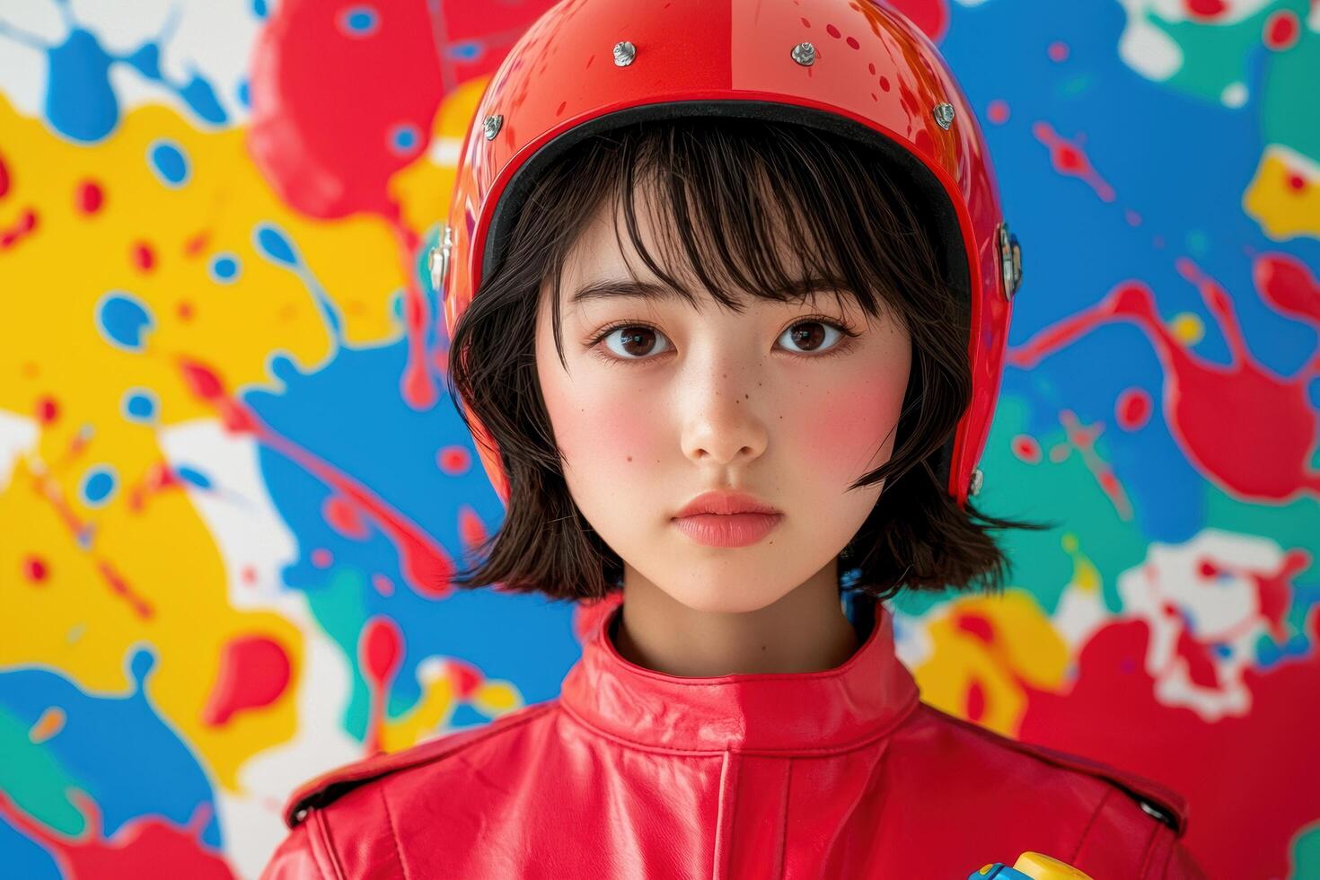 young asian woman in colorful protective helmet photo