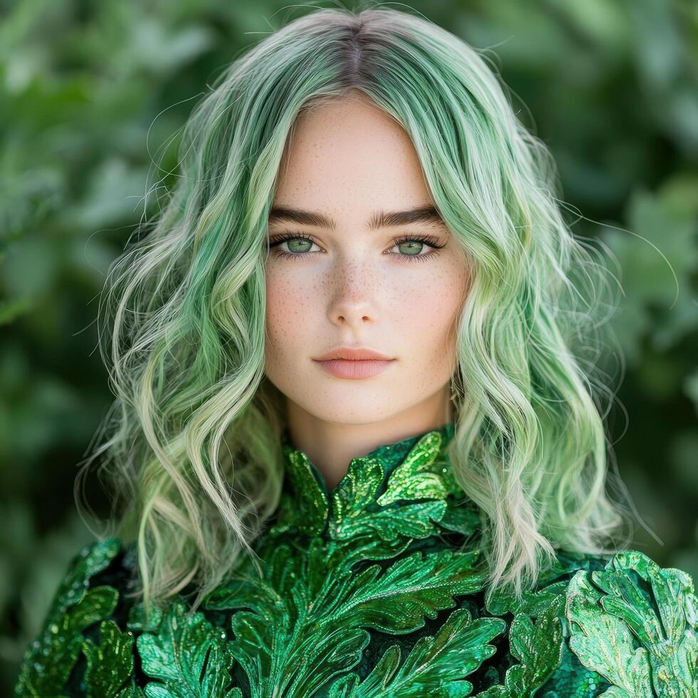 Vibrant green haired woman in nature photo