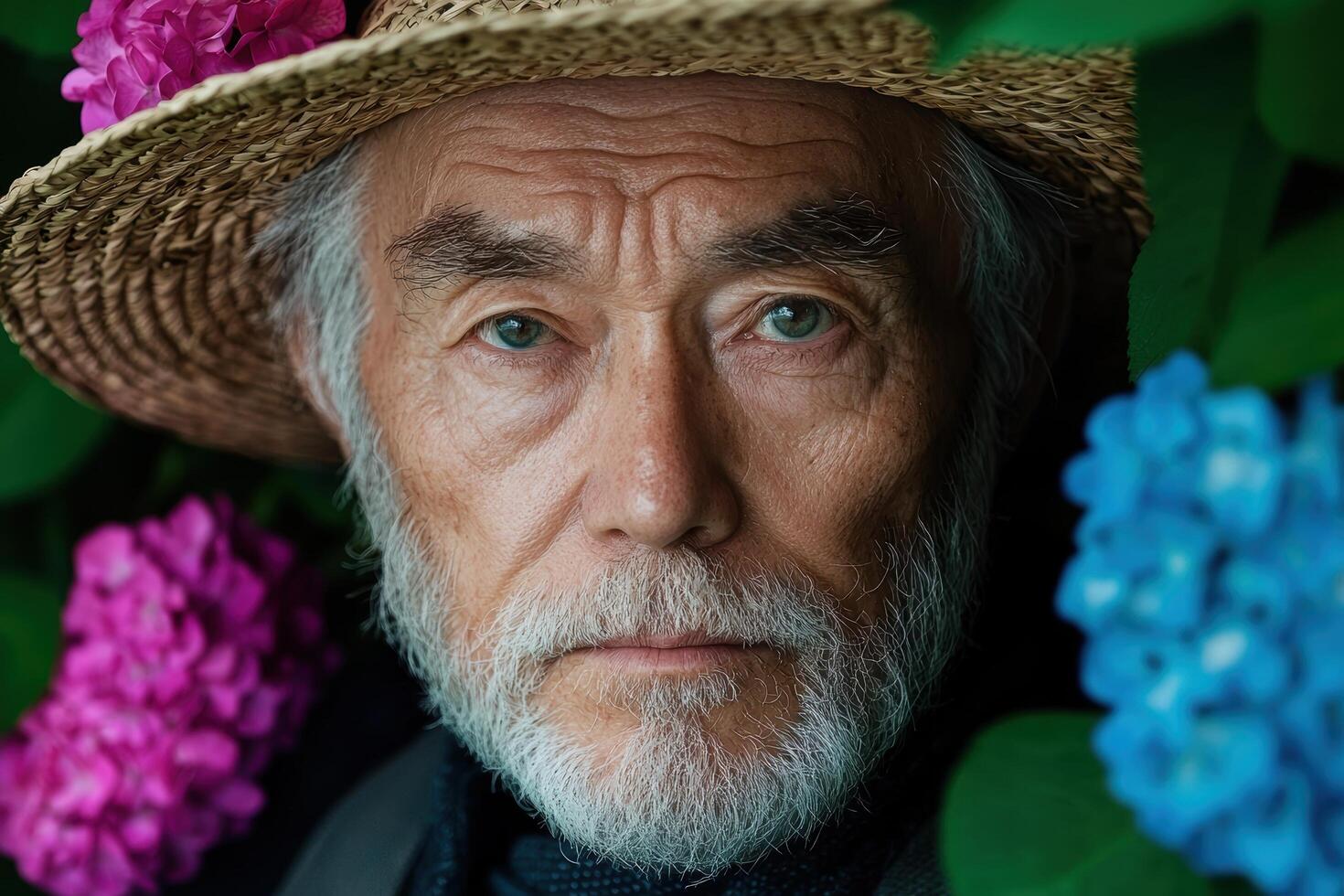 Weathered face of elderly man with beard and hat photo