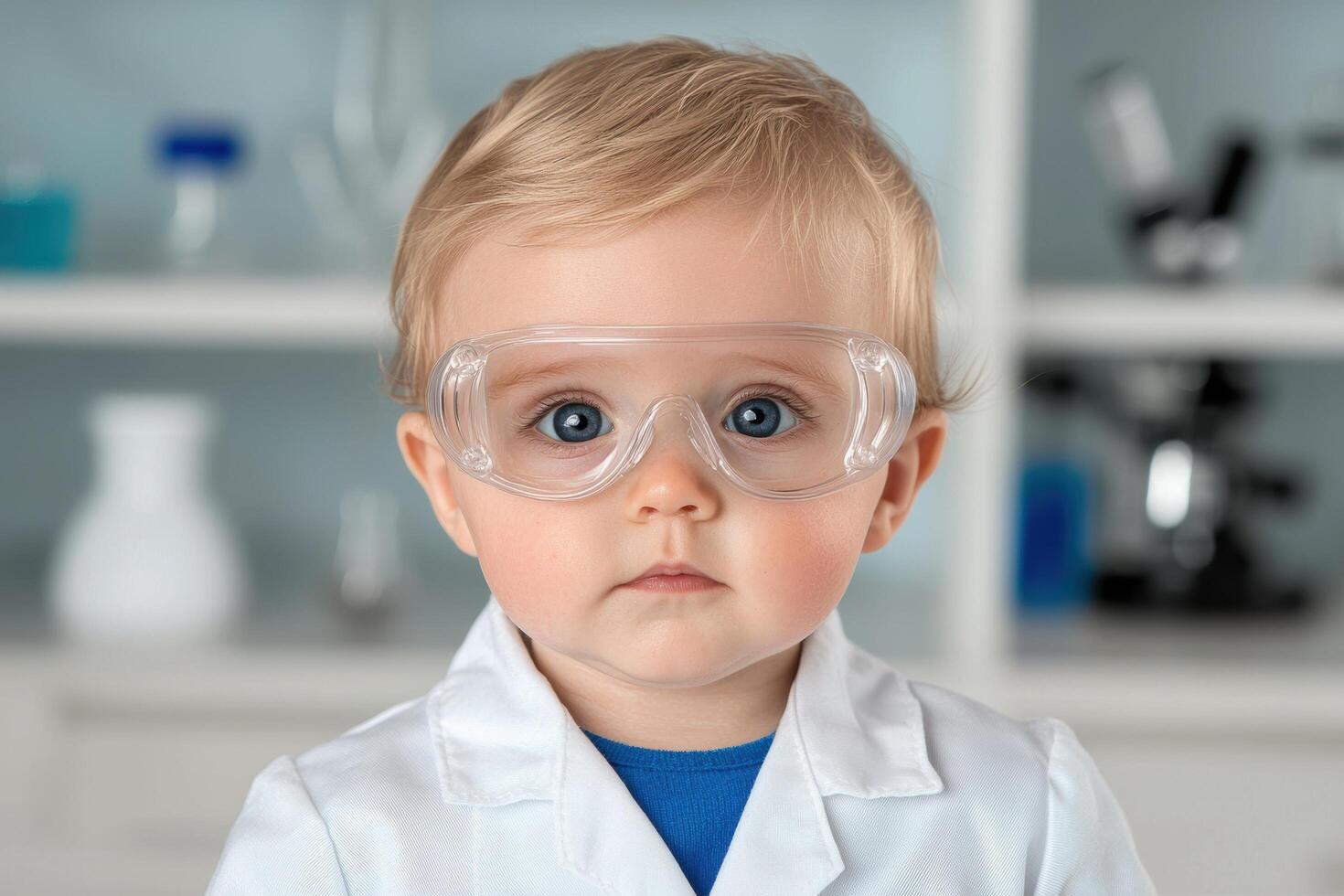 young scientist in lab coat and safety goggles photo