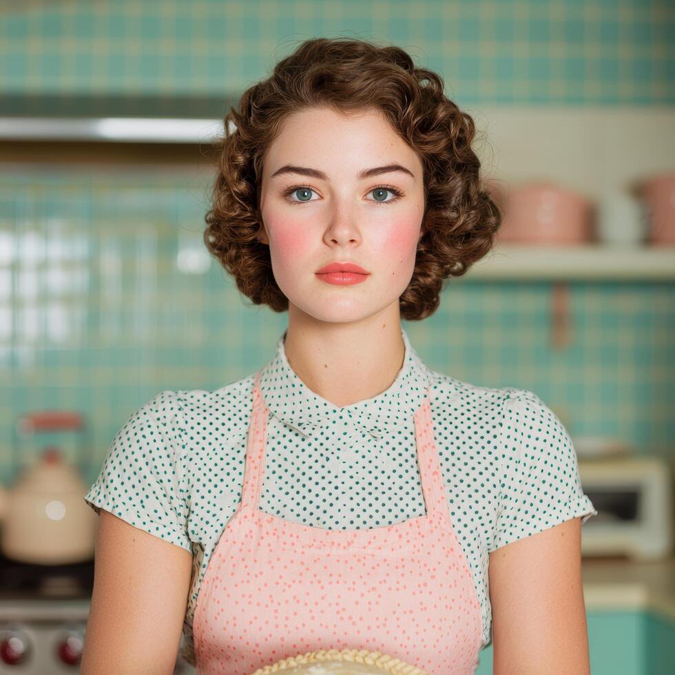 Retro woman with curly hair and apron in kitchen photo