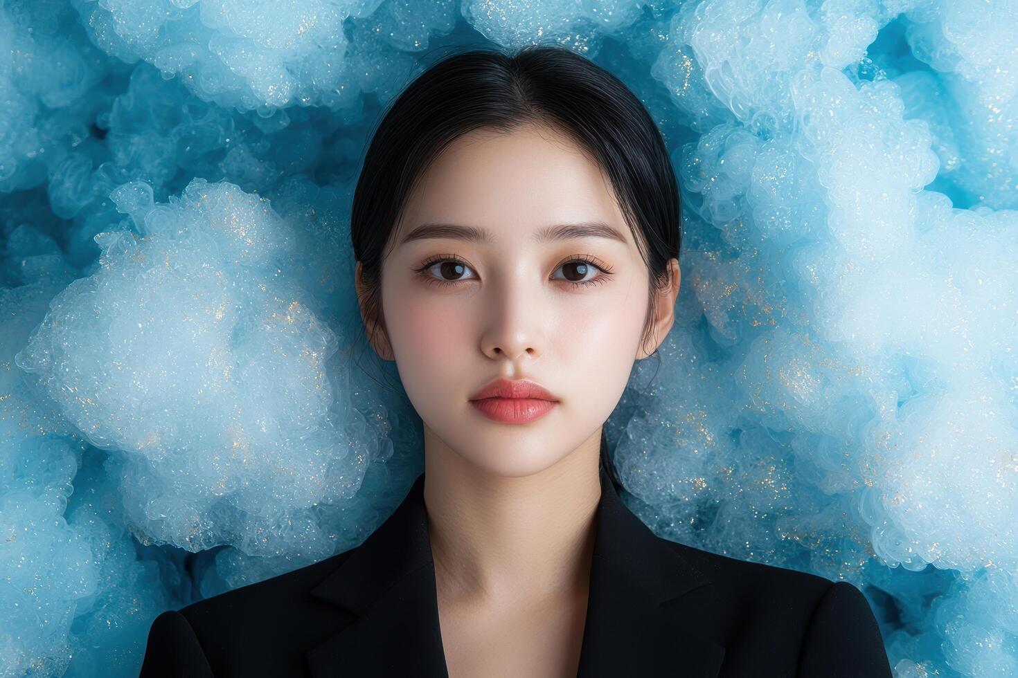 beautiful asian woman in black jacket surrounded by blue crystals photo