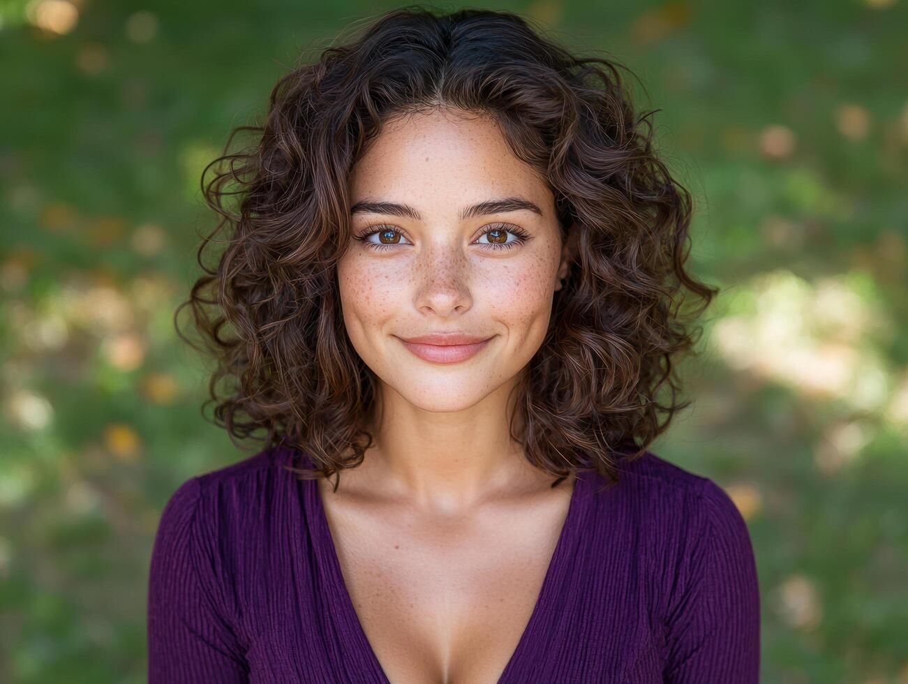Smiling woman with curly hair in nature photo