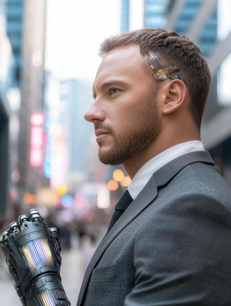 futuristic businessman with cybernetic arm in city photo