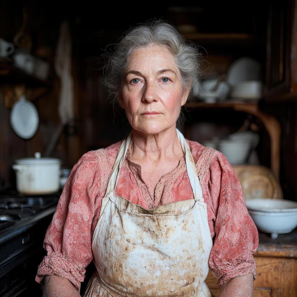 senior woman in apron standing in rustic kitchen photo