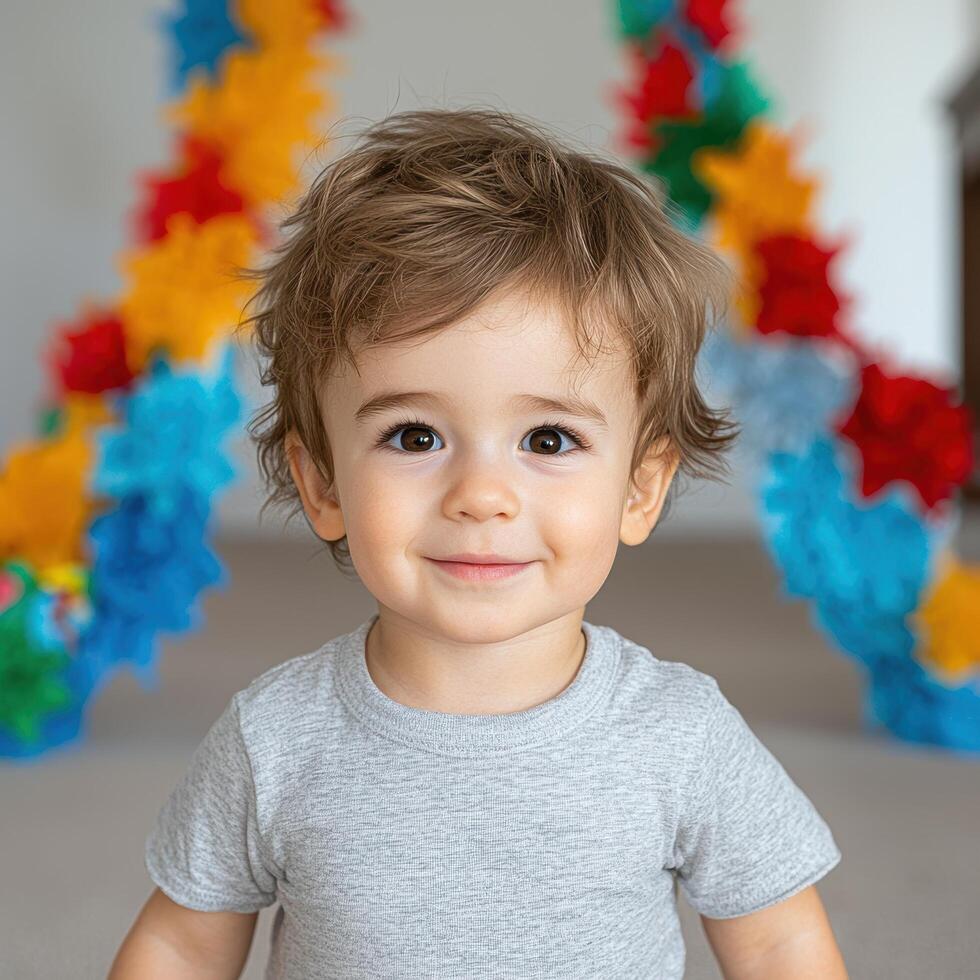 Cute smiling toddler boy with curly hair photo