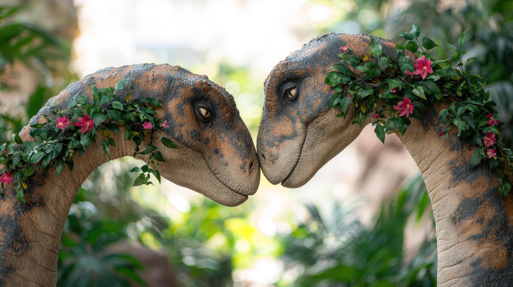 Dinosaur Couple with Floral Crowns in Lush Greenery photo