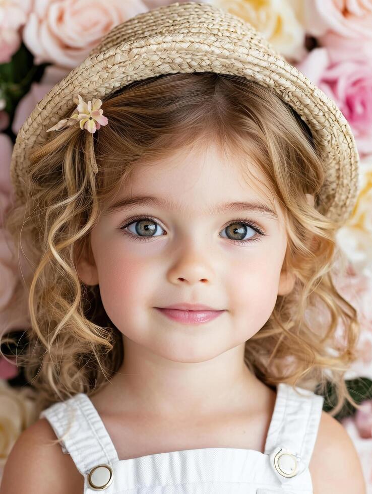 adorable young girl with curly hair and flower in straw hat photo